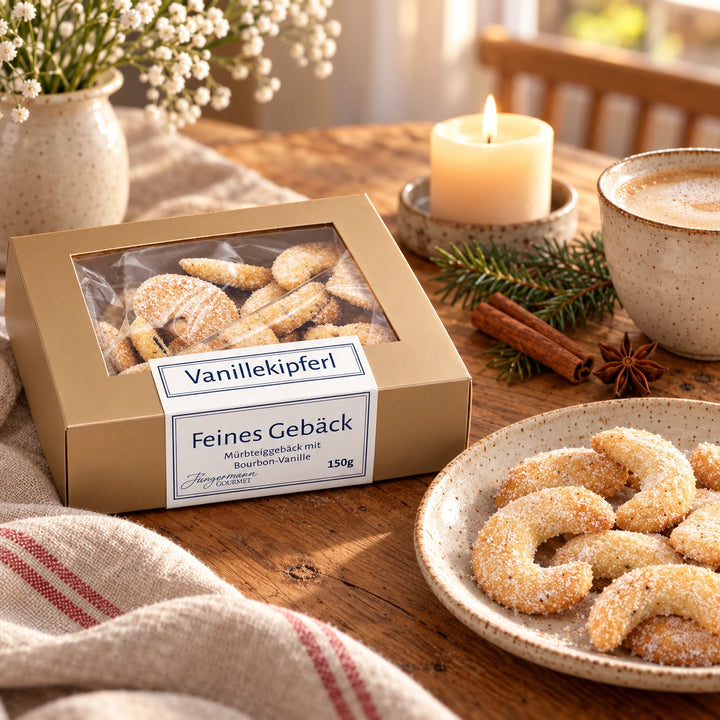 Vanillekipferl von Jungermann Gourmet auf einer Adventstafel mit Milchkaffee, Kerze und Tannenzweig.
