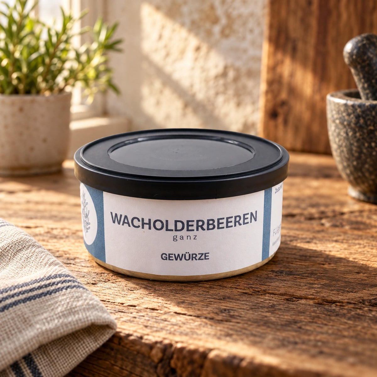 Wacholderbeeren in der originalen Gewürzdose auf einer warmen Holzfläche.