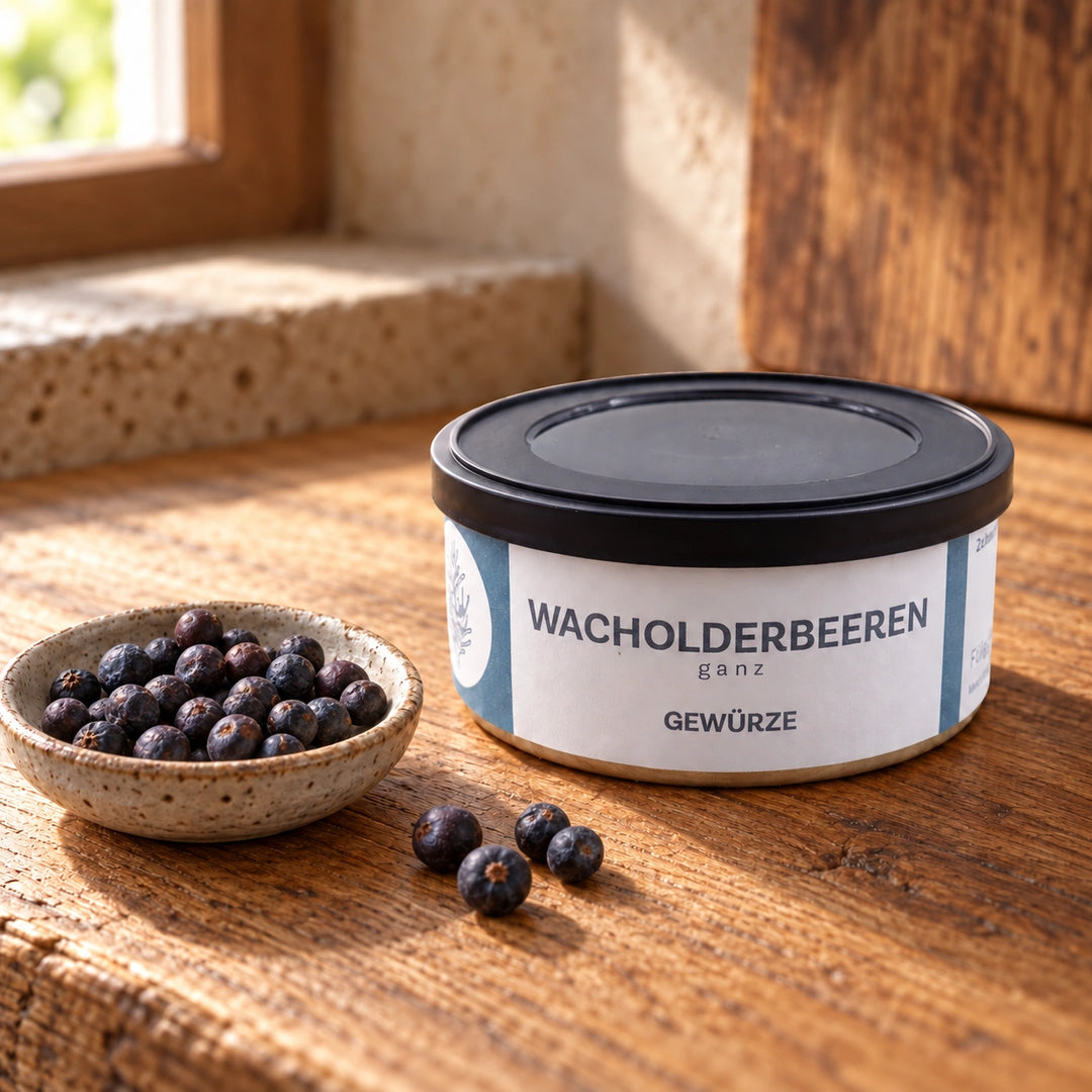 Originaldose neben getrockneten Wacholderbeeren in einer kleinen Keramikschale.