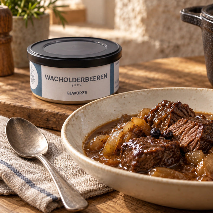 Serviervorschlag: Rinderschmorgericht mit dunkler Sauce und Wacholder, daneben die Originaldose.