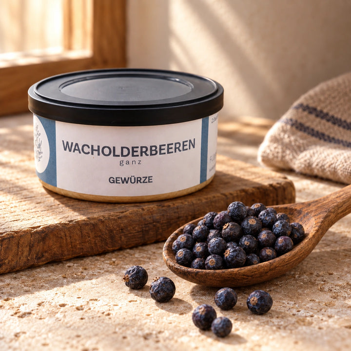 Nahaufnahme ganzer getrockneter Wacholderbeeren auf einem Holzlöffel vor der Originaldose.