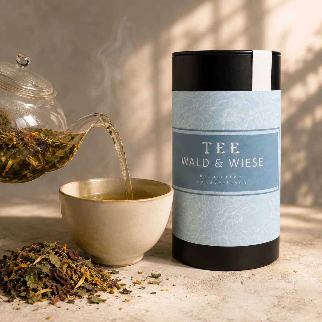 Goldgrüner Wald und Wiesenkräuter Tee wird in eine Keramiktasse gegossen