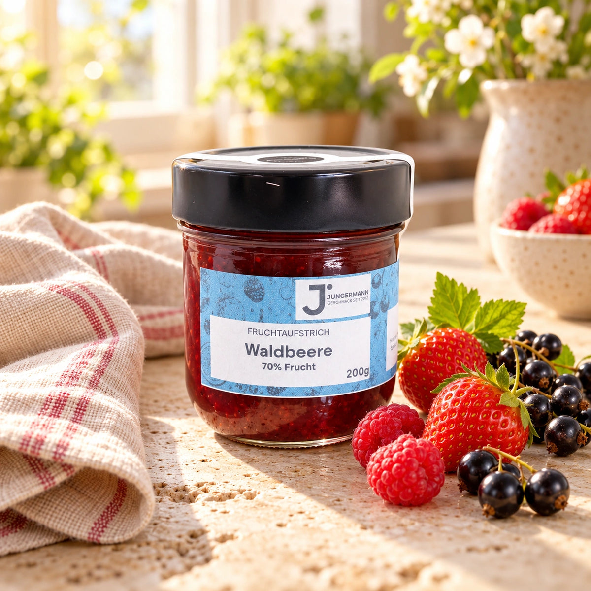 Waldbeeren Fruchtaufstrich von Jungermann Gourmet im 200-g-Glas auf hellem Naturstein mit Himbeeren, Erdbeeren und schwarzen Johannisbeeren