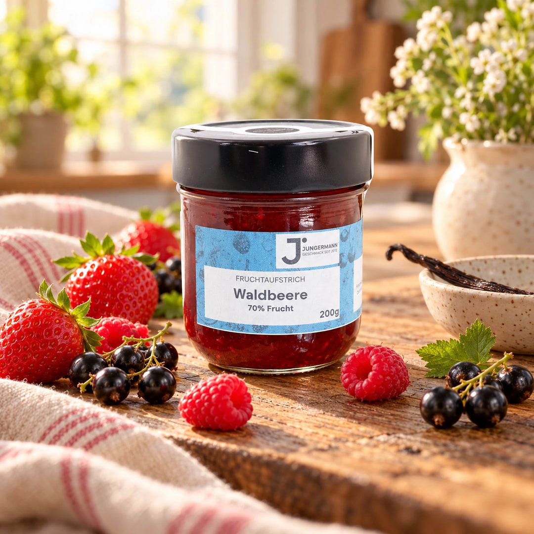 Waldbeeren Fruchtaufstrich im Originalglas auf rustikalem Holz mit Himbeeren, Erdbeeren und schwarzen Johannisbeeren sowie einer Vanilleschote als Zutaten
