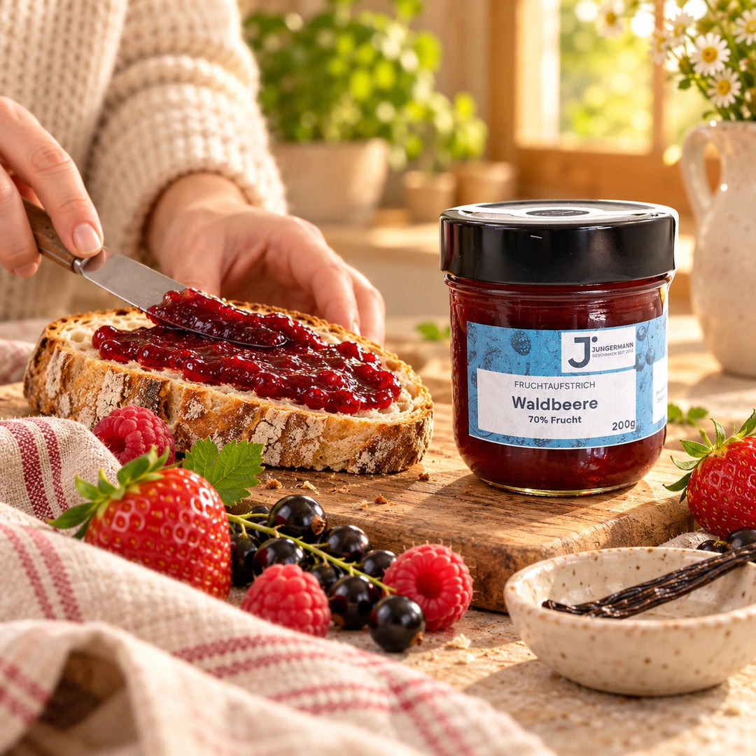 Eine Hand streicht Waldbeeren Fruchtaufstrich auf eine Scheibe Bauernbrot, neben dem Originalglas und frischen Beeren