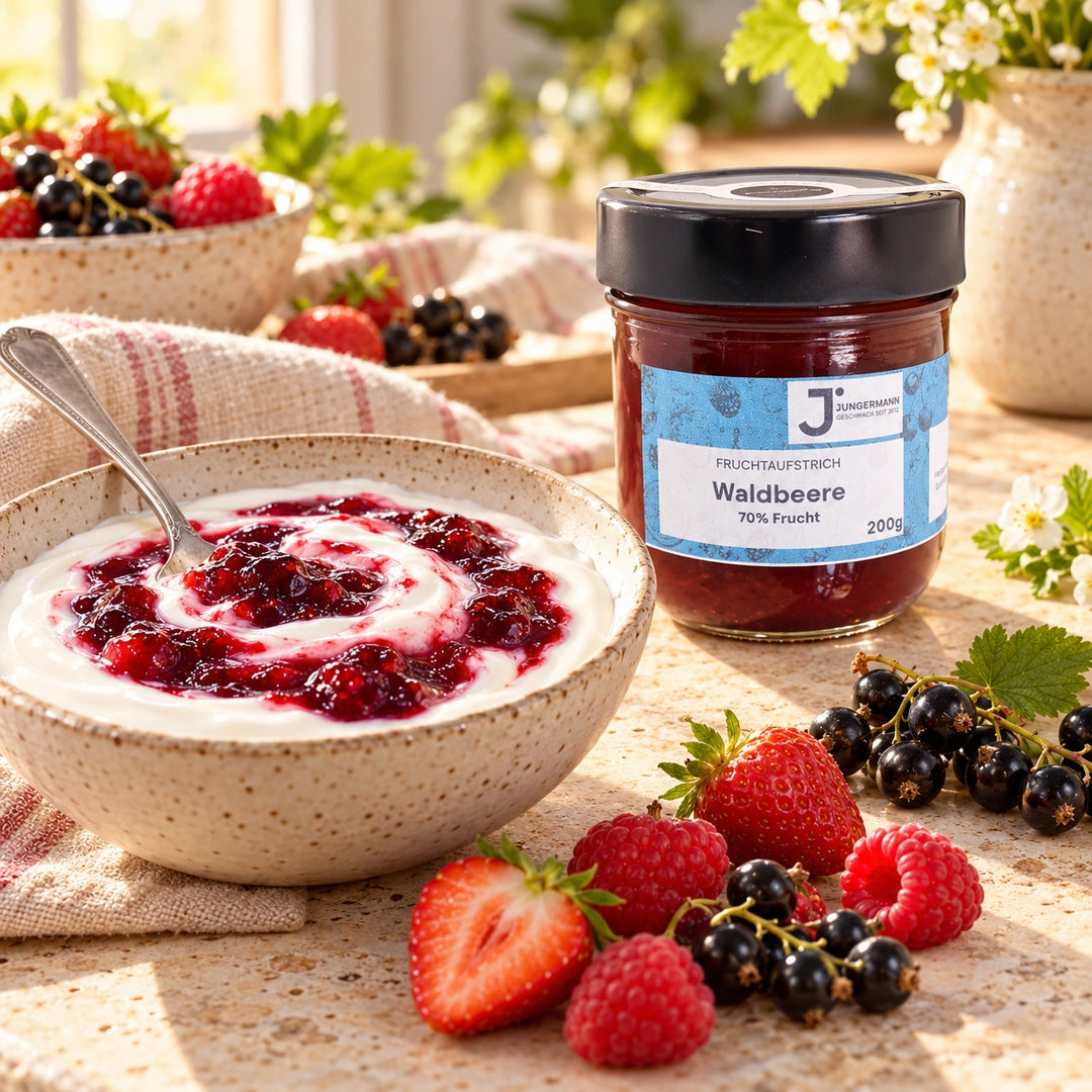 Serviervorschlag: Naturjoghurt mit Waldbeeren Fruchtaufstrich in einer Keramikschale neben dem Glas und frischen Beeren