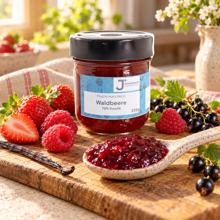 Nahaufnahme: Waldbeeren Fruchtaufstrich mit fruchtiger Konsistenz auf einem Keramiklöffel vor dem Originalglas