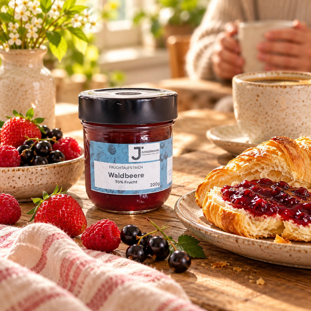 Frühstückstisch mit Waldbeeren Fruchtaufstrich, bestrichenem Buttercroissant, Kaffee und frischen Beeren
