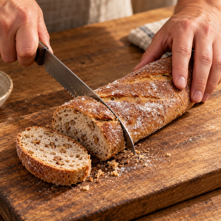 Eine Hand schneidet das Walnuss-Baguette mit einem Brotmesser auf.