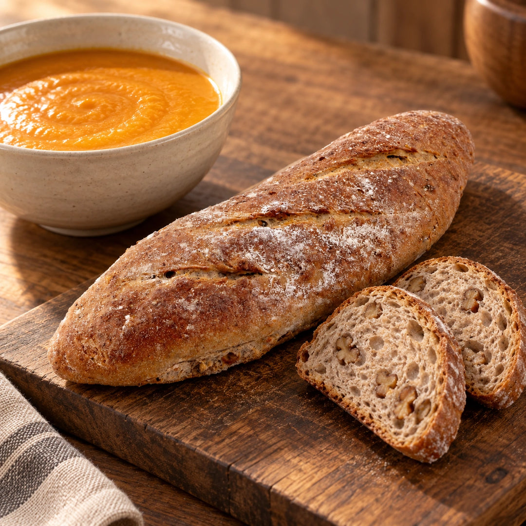 Serviervorschlag: Walnuss-Baguette und zwei Scheiben Brot neben einer Schale cremiger Gemüsesuppe.