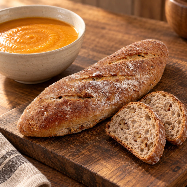 Serviervorschlag: Walnuss-Baguette und zwei Scheiben Brot neben einer Schale cremiger Gemüsesuppe.