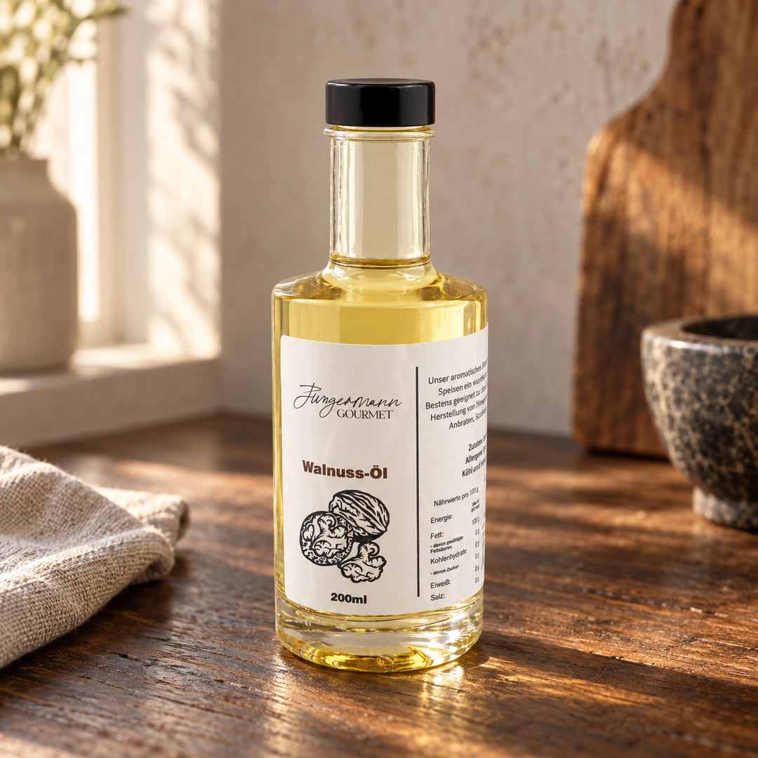 Walnussöl in der originalen 200-ml-Flasche auf dunklem Holz.