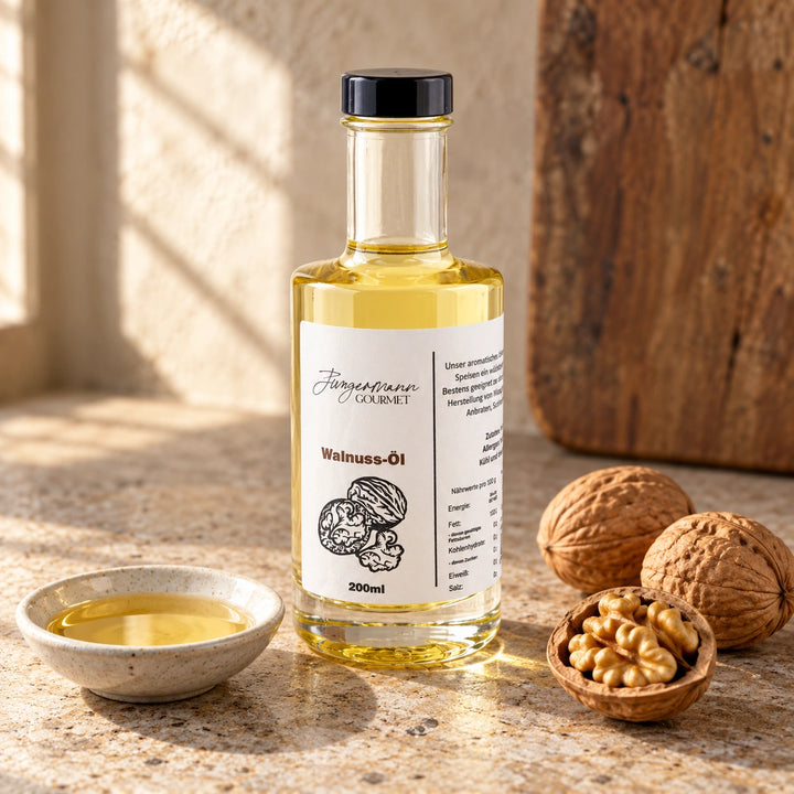 Walnüsse, ein geöffneter Kern und Walnussöl neben der Originalflasche.