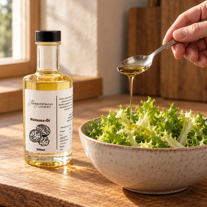 Eine Hand verteilt Walnussöl über einen Endiviensalat neben der Originalflasche. Serviervorschlag.