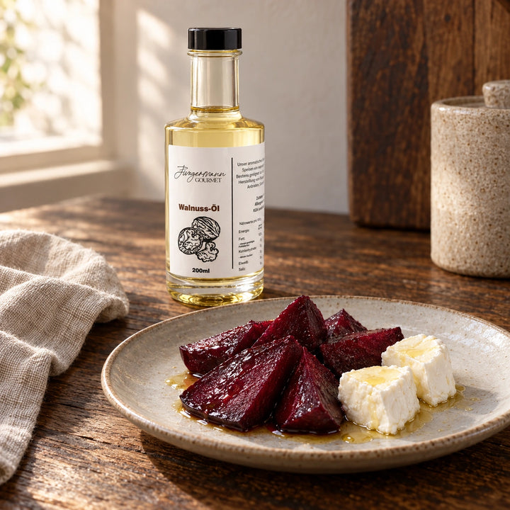 Rote Bete und Weichkäse mit Walnussöl neben der Originalflasche. Serviervorschlag.