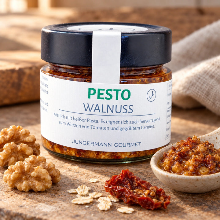 Originalglas Walnusspesto mit Walnusskernen, getrockneten Tomaten und wenigen Haferflocken.