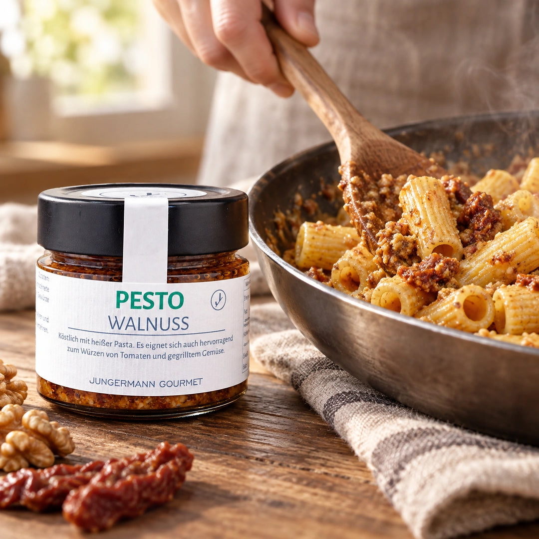 Serviervorschlag: Eine Hand hebt Walnusspesto unter warme Pasta; das Originalglas steht daneben.