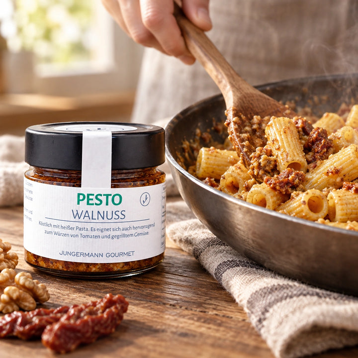 Serviervorschlag: Eine Hand hebt Walnusspesto unter warme Pasta; das Originalglas steht daneben.