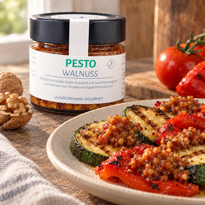 Serviervorschlag: Gegrillte Zucchini und Paprika mit Walnusspesto neben dem Originalglas.