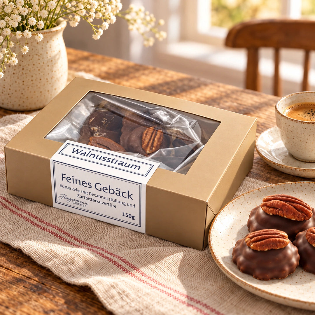 Walnusstraum von Jungermann Gourmet mit Gebäck auf einem Steingutteller und einem Heißgetränk auf einer Kaffeetafel.