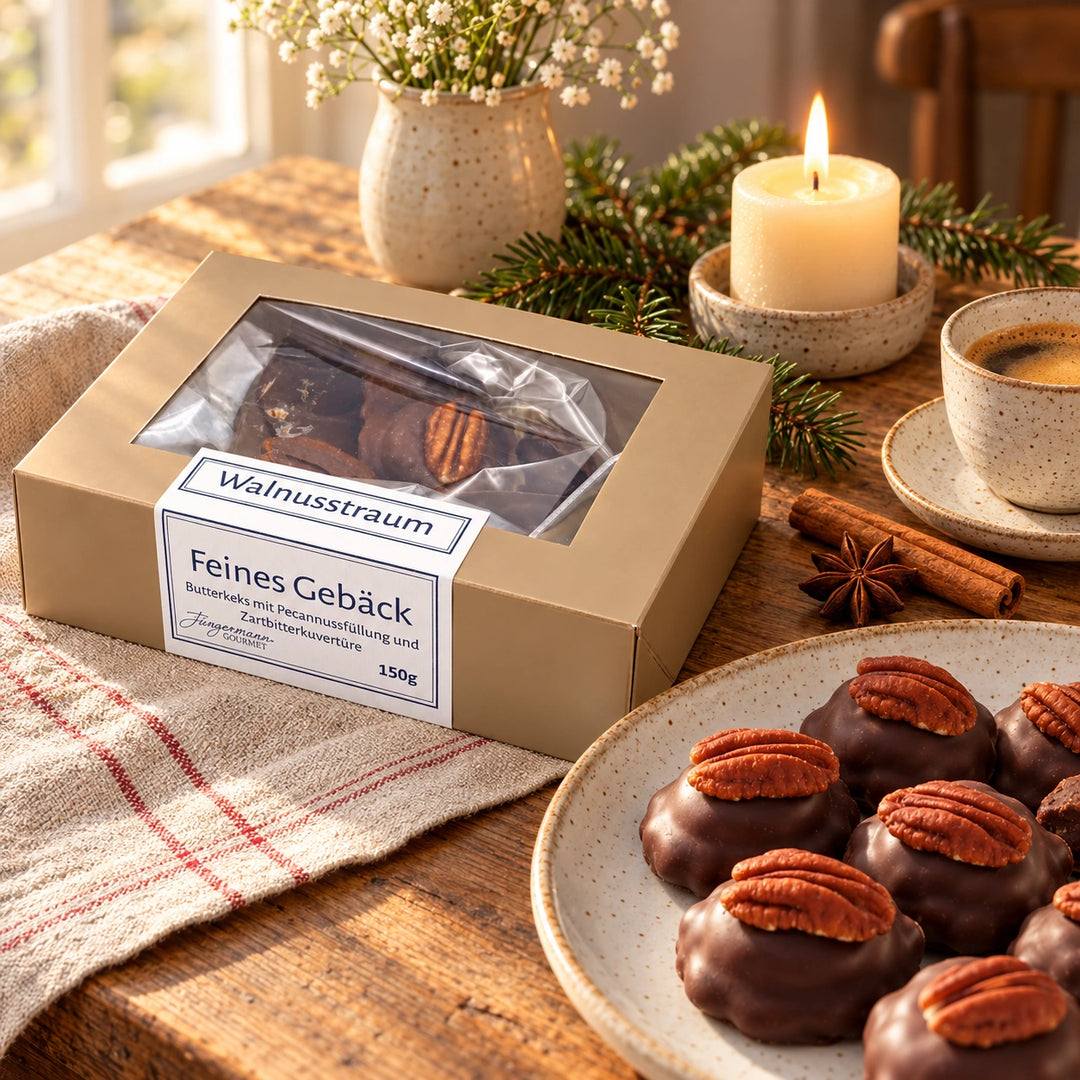 Walnusstraum von Jungermann Gourmet auf einer Adventstafel mit Gebäck, Heißgetränk, Kerze und Tannenzweig.