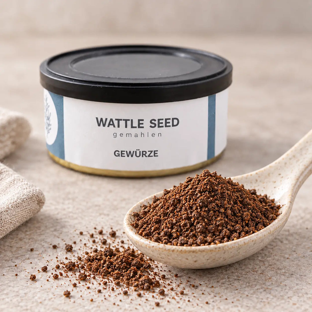 Gemahlene geröstete Akaziensamen auf einem Keramiklöffel vor der Gewürzdose im Detail