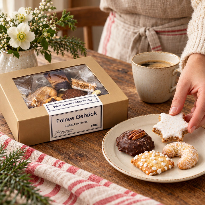 Weihnachtsmischung von Jungermann Gourmet beim Servieren von Hand auf einem Steingutteller neben der Originalschachtel.