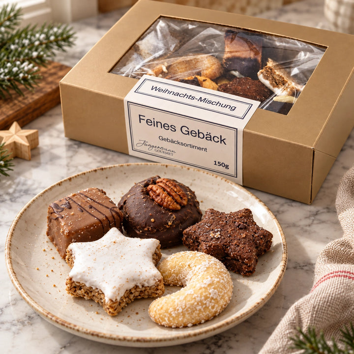 Weihnachtsmischung von Jungermann Gourmet in Nahaufnahme mit sichtbarer Gebäckstruktur neben der Originalschachtel.