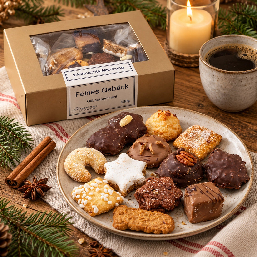 Weihnachtsmischung von Jungermann Gourmet auf einer Adventstafel mit Kerze, Tannenzweig und Heißgetränk neben der Originalschachtel.