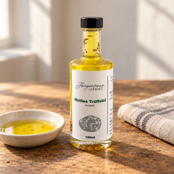 Originalflasche weißes Trüffelöl neben einer kleinen Schale mit goldenem Öl.