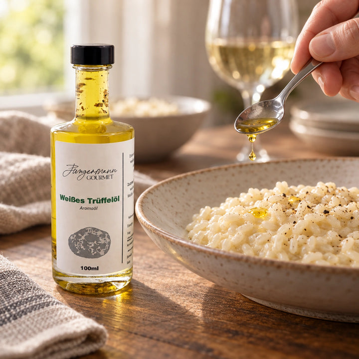 Serviervorschlag: Ein Löffel gibt wenige Tropfen Trüffelöl auf Risotto; die Originalflasche steht daneben.