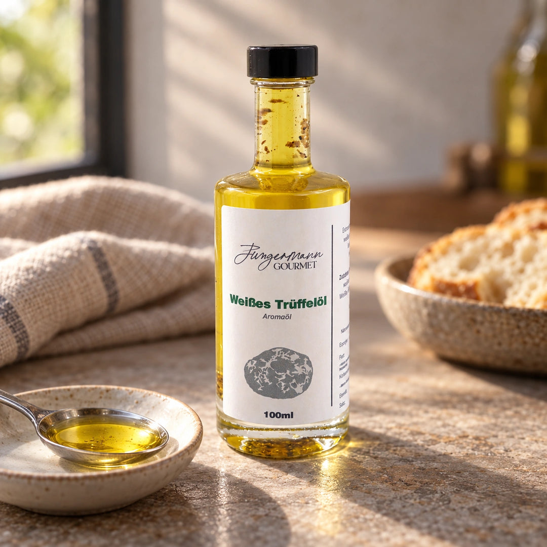 Serviervorschlag: Goldenes Trüffelöl auf einem Löffel vor der Originalflasche, mit Brot im Hintergrund.