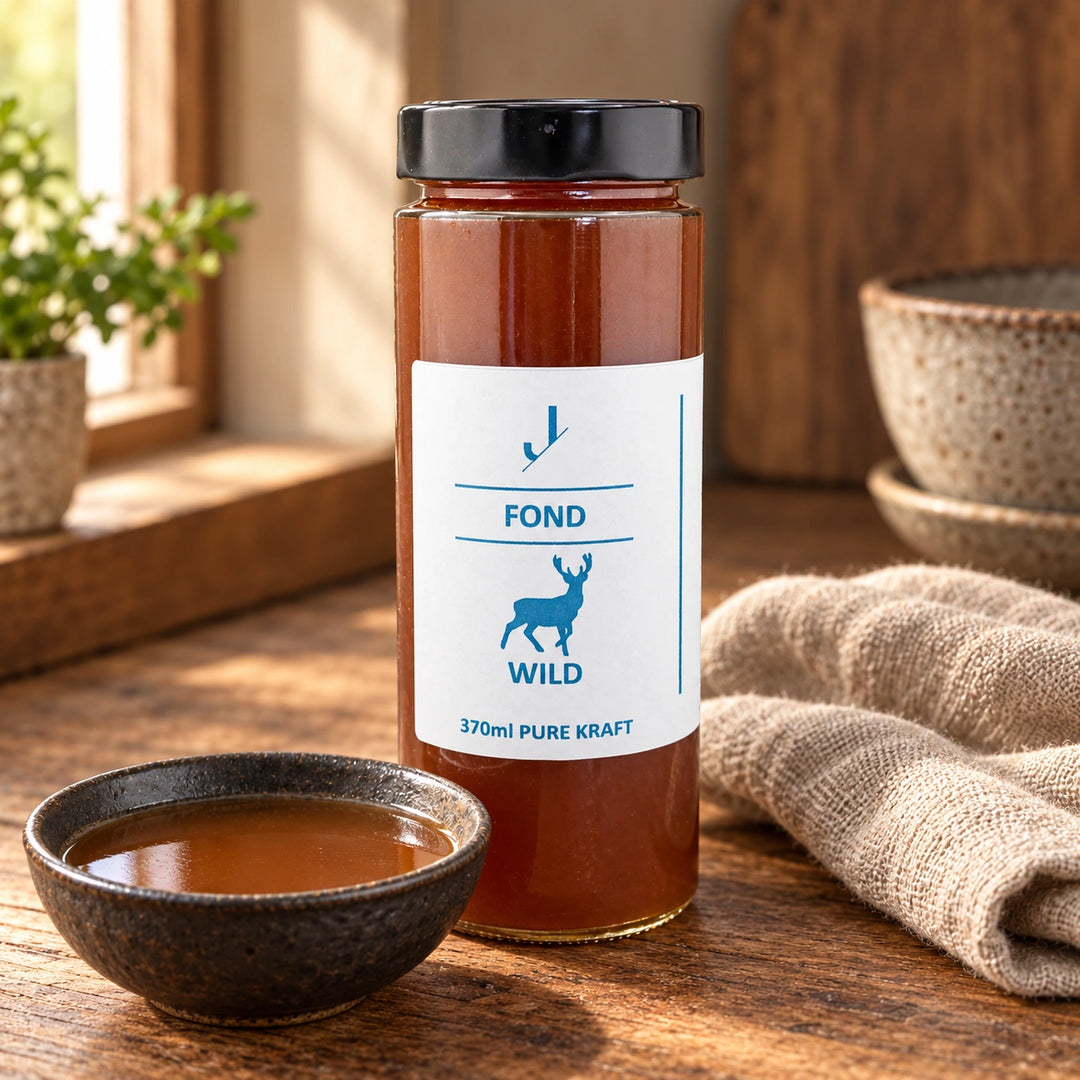 Wild-Fond im originalen 370-ml-Glas neben einer kleinen Schale Brühe auf einem Holztisch.