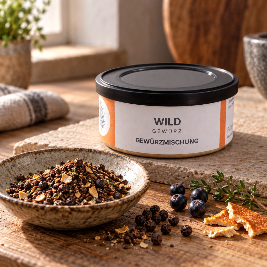 Originaldose Wildgewürz mit schwarzem Pfeffer, Beeren, Orangenschale und Thymian.