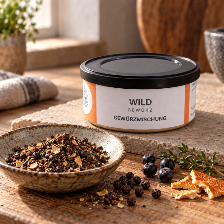 Originaldose Wildgewürz mit schwarzem Pfeffer, Beeren, Orangenschale und Thymian.