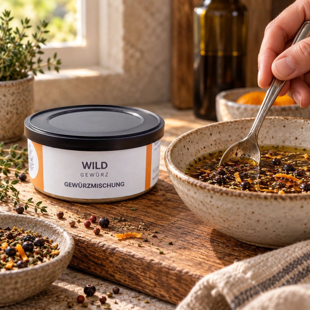 Serviervorschlag: Eine Hand rührt Wildgewürz in eine dunkle Marinade; die Originaldose steht daneben.