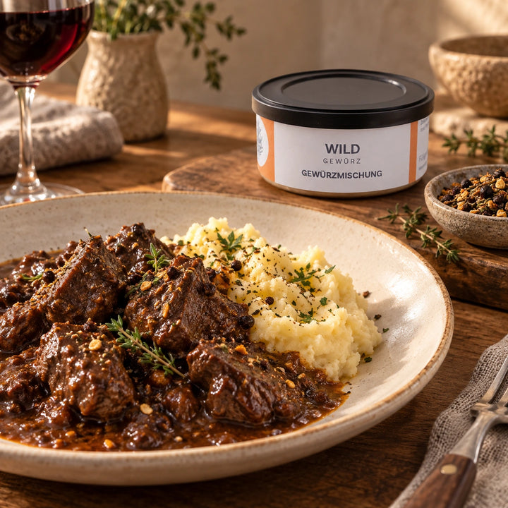 Serviervorschlag: Wildragout mit dunkler Sauce und Kartoffelpüree neben der Originaldose Wildgewürz.