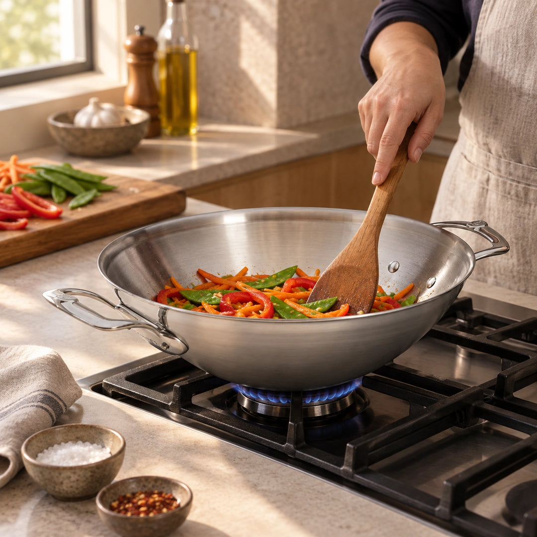 Anwendungsbeispiel: Eine Hand rührt Gemüse mit einem Holzspatel im Affinity-Wok.