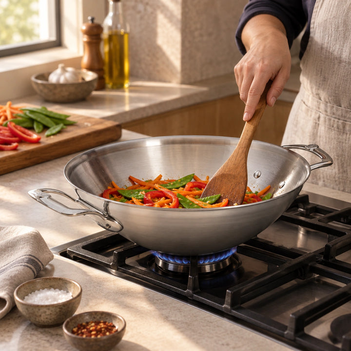 Anwendungsbeispiel: Eine Hand rührt Gemüse mit einem Holzspatel im Affinity-Wok.