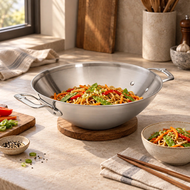 Anwendungsbeispiel: Gemüse-Nudeln im Affinity-Wok mit einer angerichteten Portion daneben.