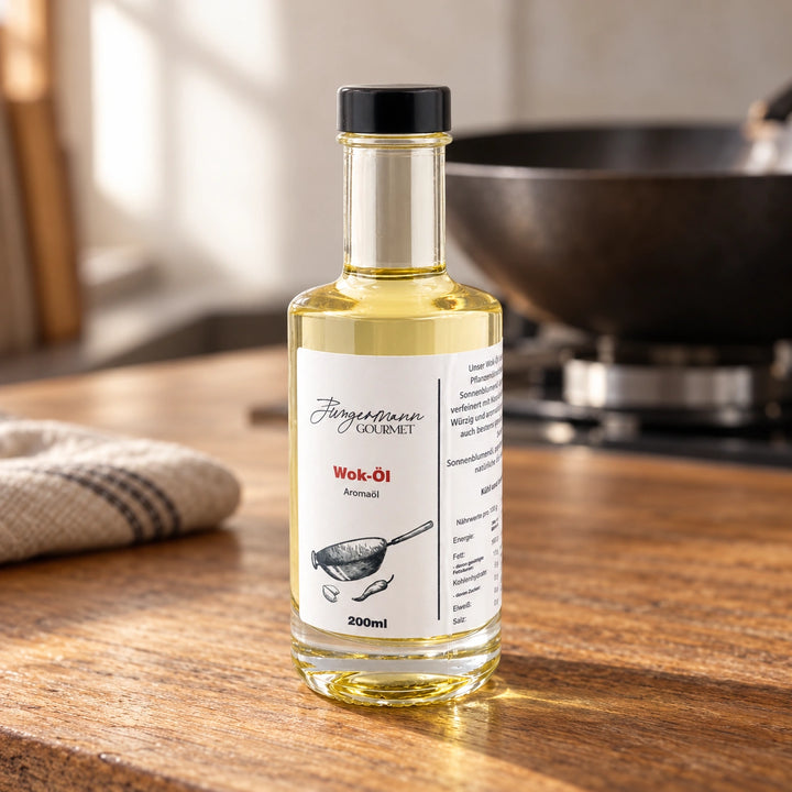 Woköl in der originalen 200-ml-Flasche auf einer warmen Küchenarbeitsplatte.
