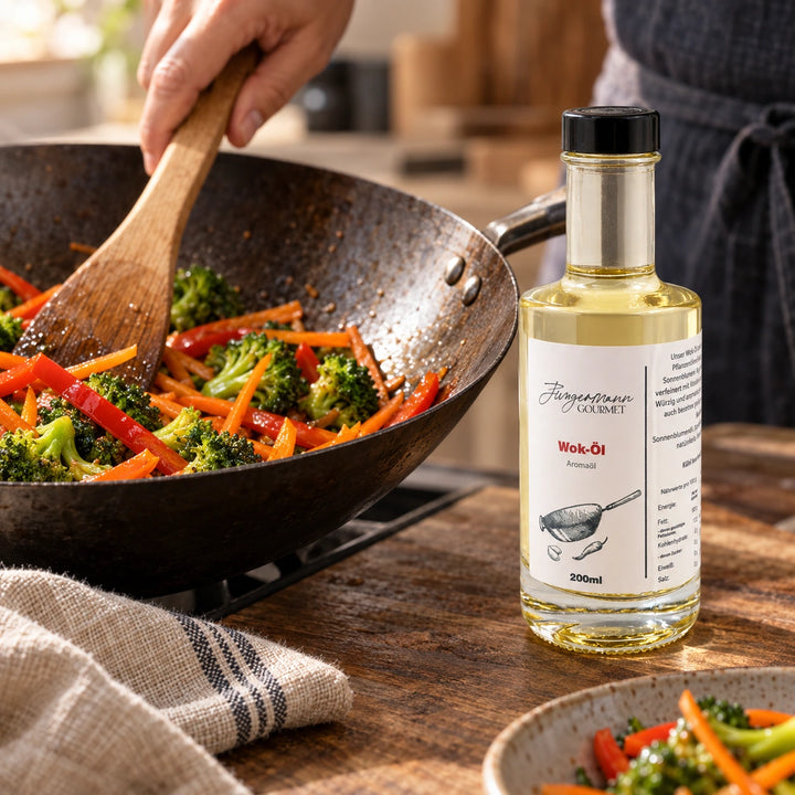 Serviervorschlag: Eine Hand wendet Gemüse im Wok; die Originalflasche Woköl steht daneben.