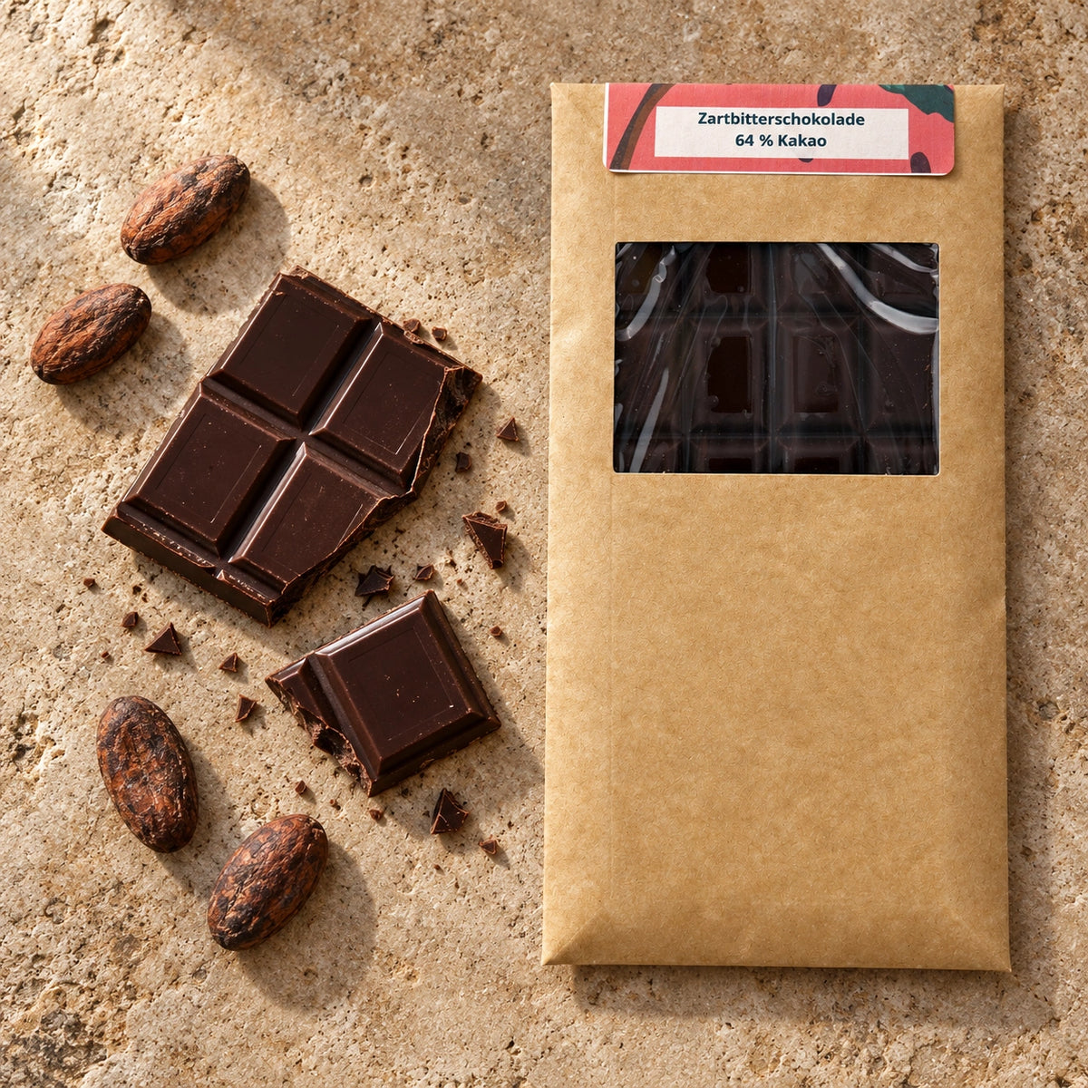Originalverpackung der 64-prozentigen Zartbitterschokolade mit Schokoladenstücken und wenigen Kakaobohnen.