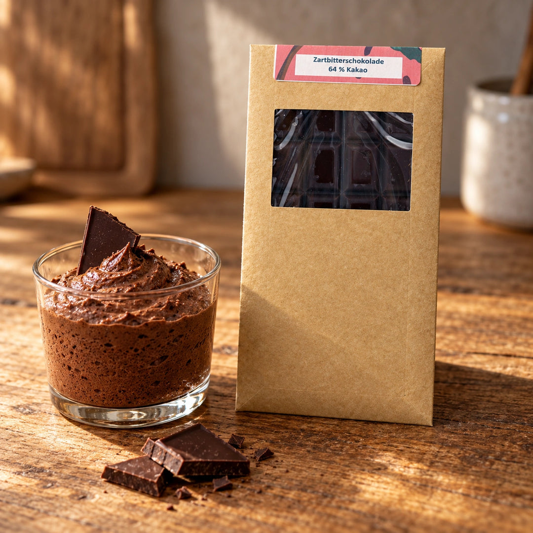 Serviervorschlag: Schokoladenmousse mit der Originalverpackung der 64-prozentigen Zartbitterschokolade.