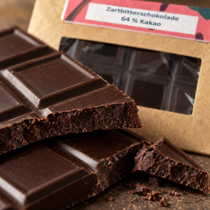 Nahaufnahme der Bruchkante dunkler Schokolade vor der Originalverpackung mit 64 Prozent Kakao.