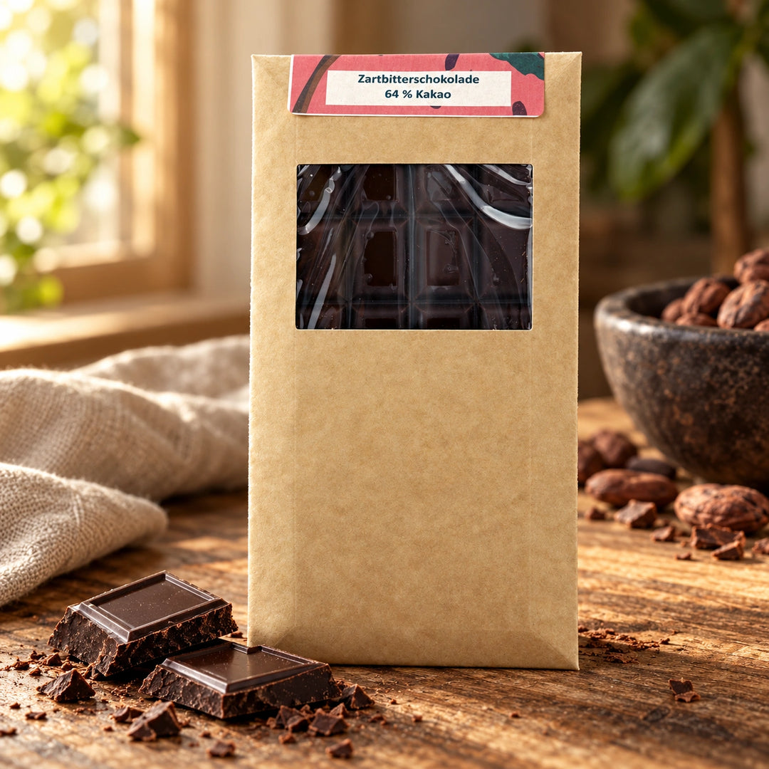 Zartbitterschokolade mit 64 Prozent Kakao in vollständiger Kraftpapierverpackung neben gebrochenen Schokoladenstücken.
