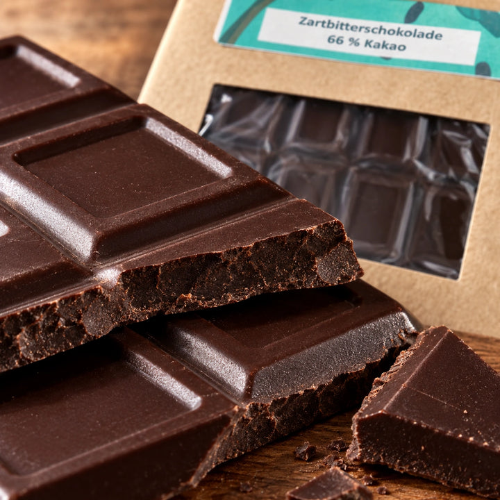 Nahaufnahme der Bruchkante dunkler Schokolade vor der Originalverpackung mit 66 Prozent Kakao.