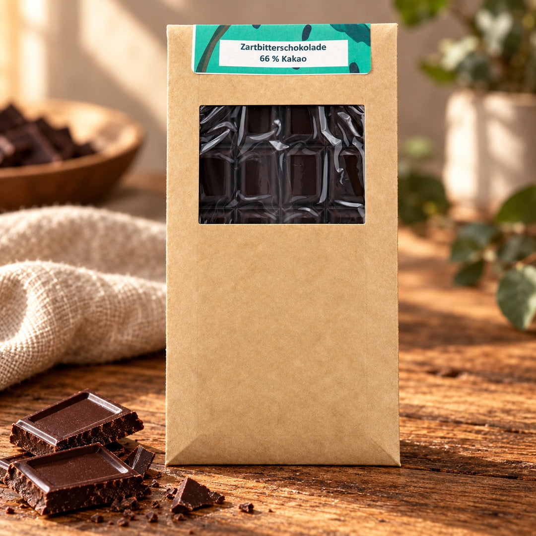 Zartbitterschokolade mit 66 Prozent Kakao in vollständiger Kraftpapierverpackung neben gebrochenen Schokoladenstücken.