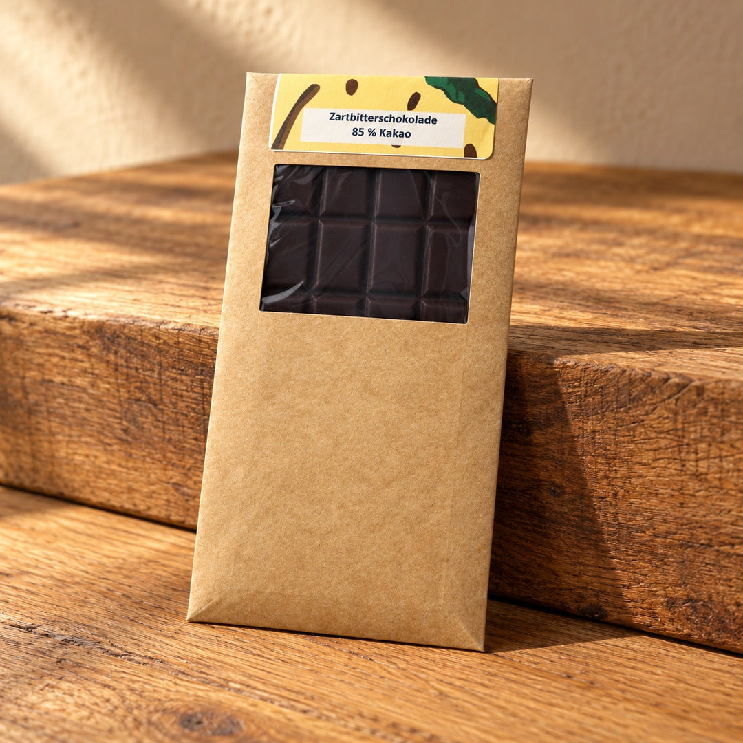 Zartbitterschokolade mit 85 Prozent Kakao in der Originalverpackung auf einer warmen Holzfläche.