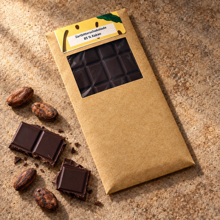 Originalverpackung der 85-prozentigen Zartbitterschokolade mit Schokoladenstücken und wenigen Kakaobohnen.